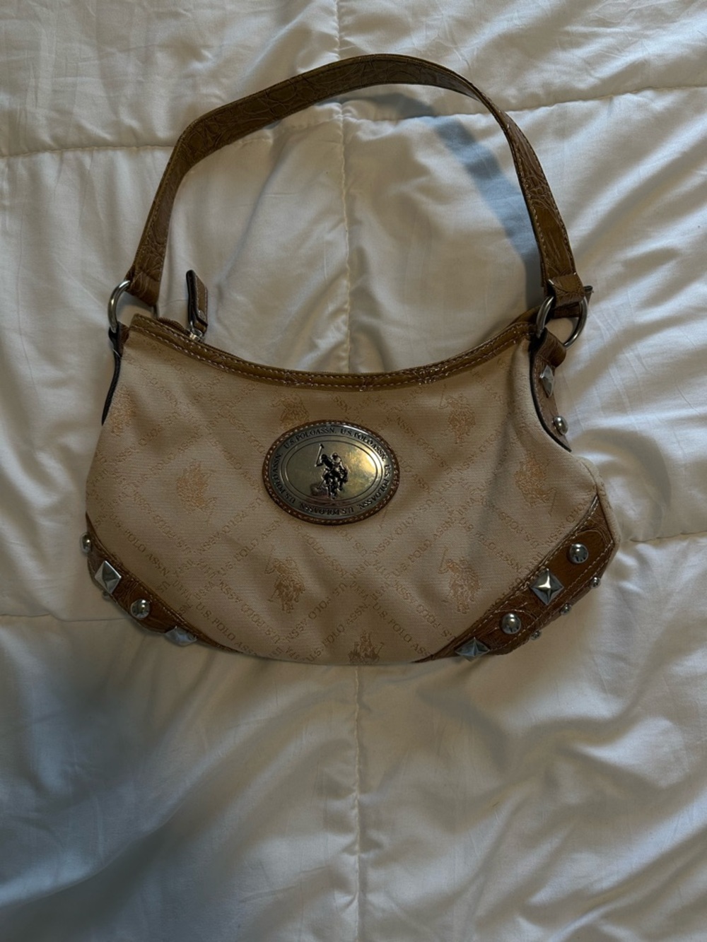 U.S. Polo Assn. Beige Shoulder Bag with Stud and Crest Detail